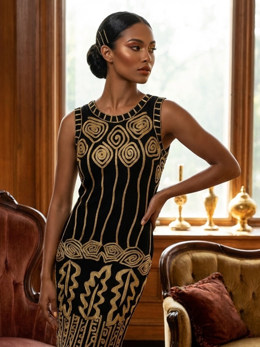 Sleeveless Black & Gold Patterned Midi Dress